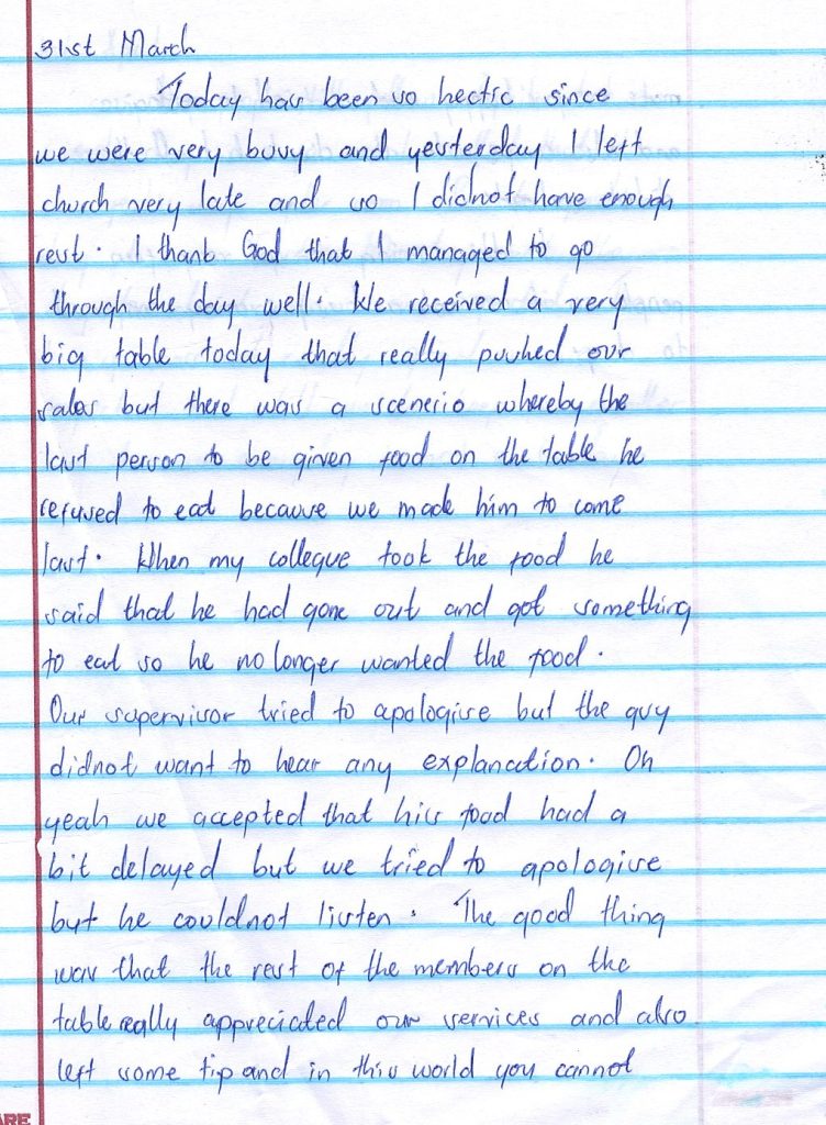A page from Irene Birungis diary