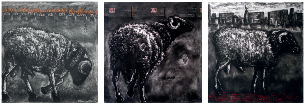 Ram Triptych 2008 charcoal graphite and soft pastel on paper in three parts
