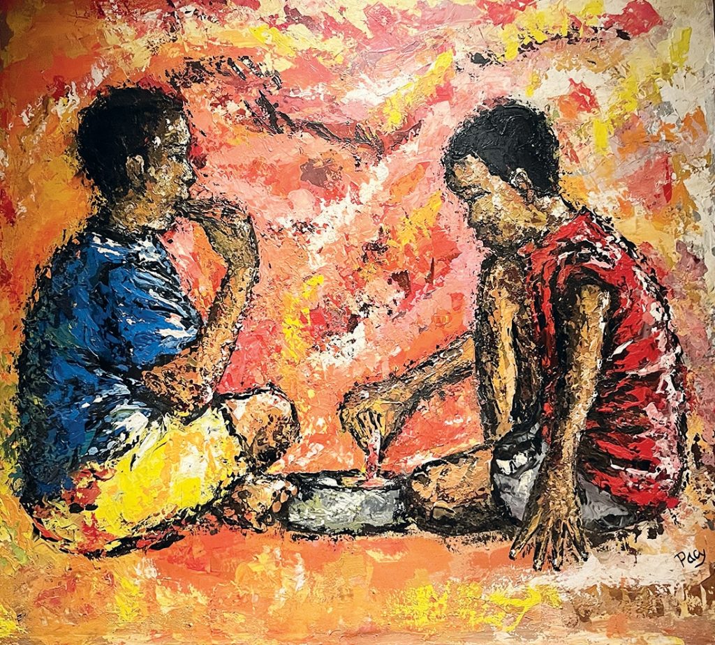 The Lunch a painting by Burundian artist Pacifique Ndayiheke hangs in the Belan Hotel de Ngozi.