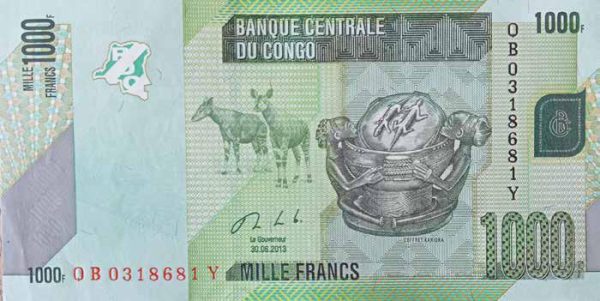The 1000 franc note legal tender in Congo today. Courtesy of the private collection of Rodney Muhumuza.