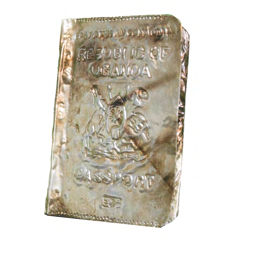 Ronald Odur, Uganda Passport (Republic of This and That), 2022, aluminum plate and copper wire, 3.5 x 4.5 cm