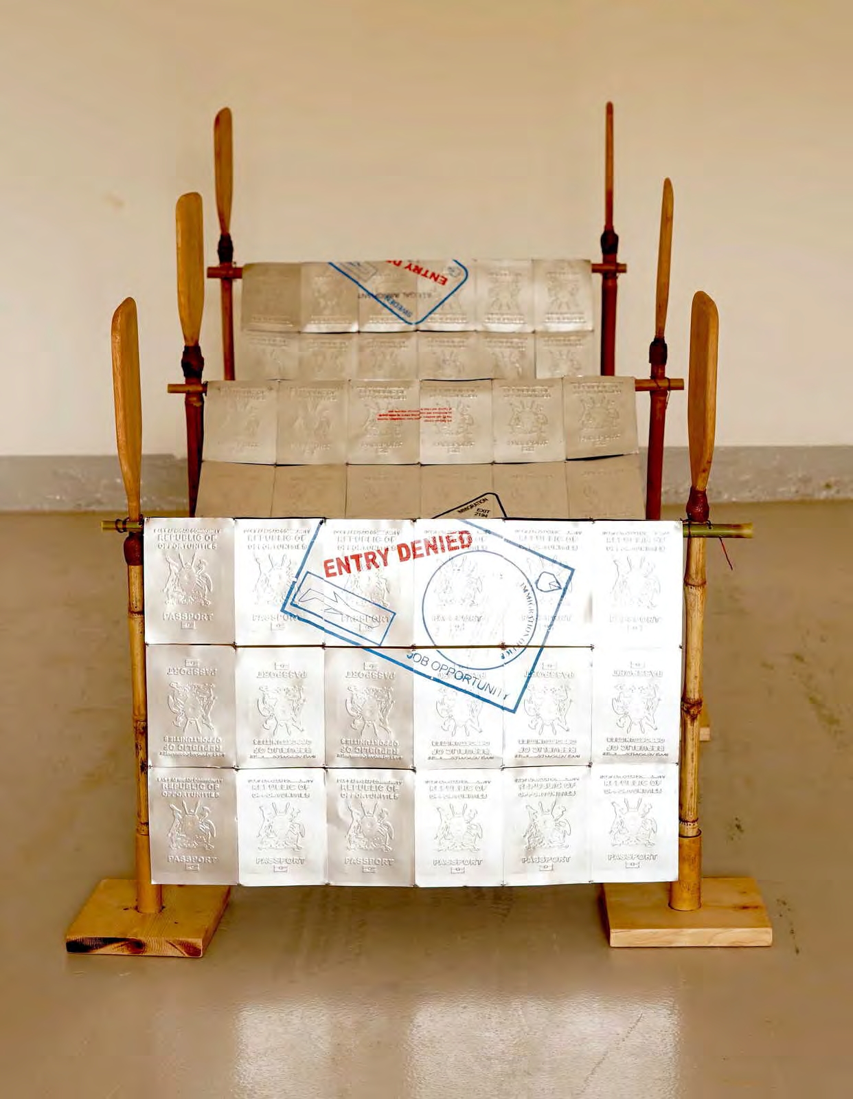 Ronald Odur, The Wave of Opportunities, 2025, bamboo, aluminum plate, copper wire and bark cloth, variable dimensions