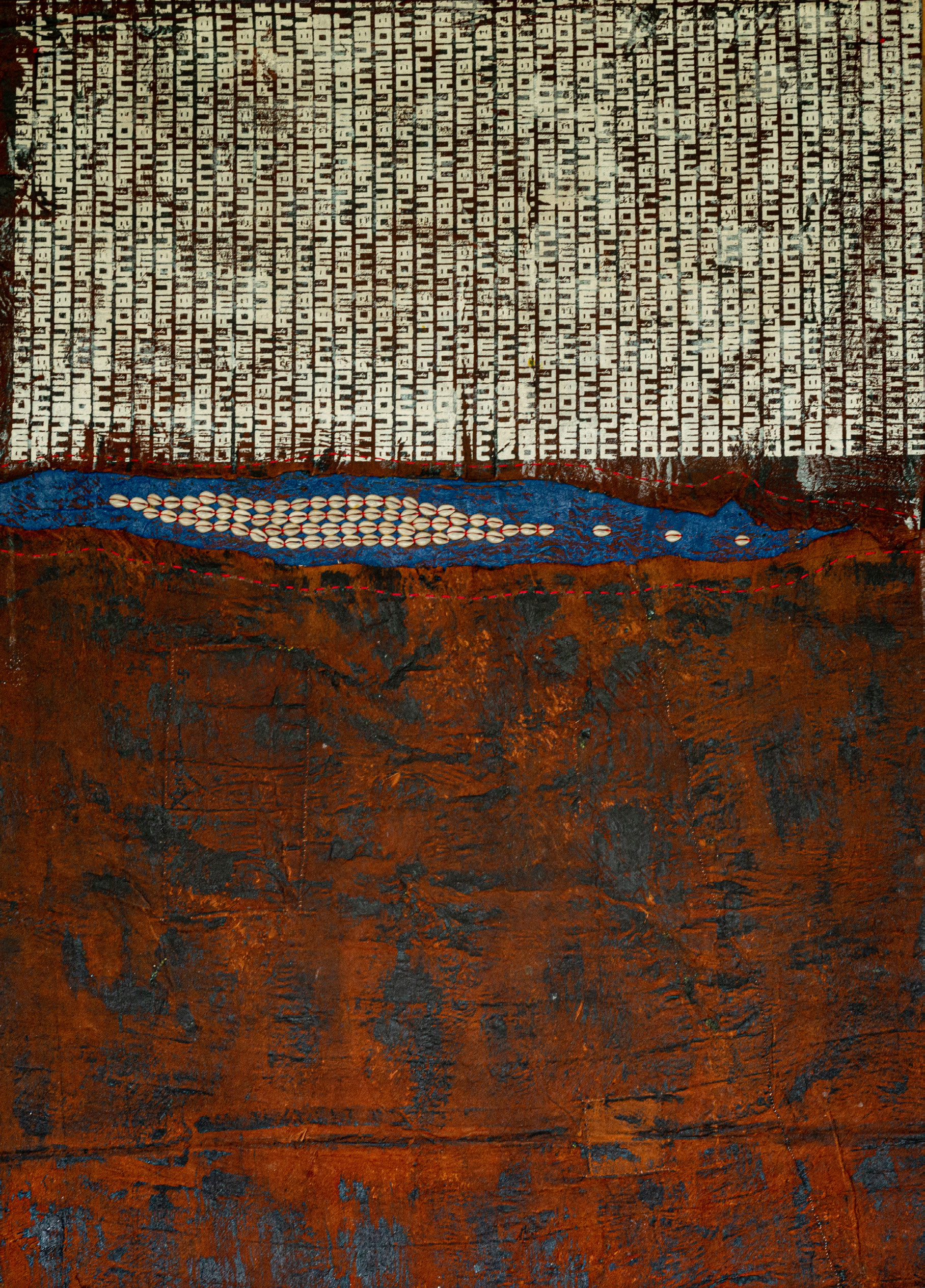 11. Abstract Textile Painting with Rust and Cream Bands The Weganda Review Issue 13 Xenson, Against the Tide, 2025, mixed media, 140 x 99 cm