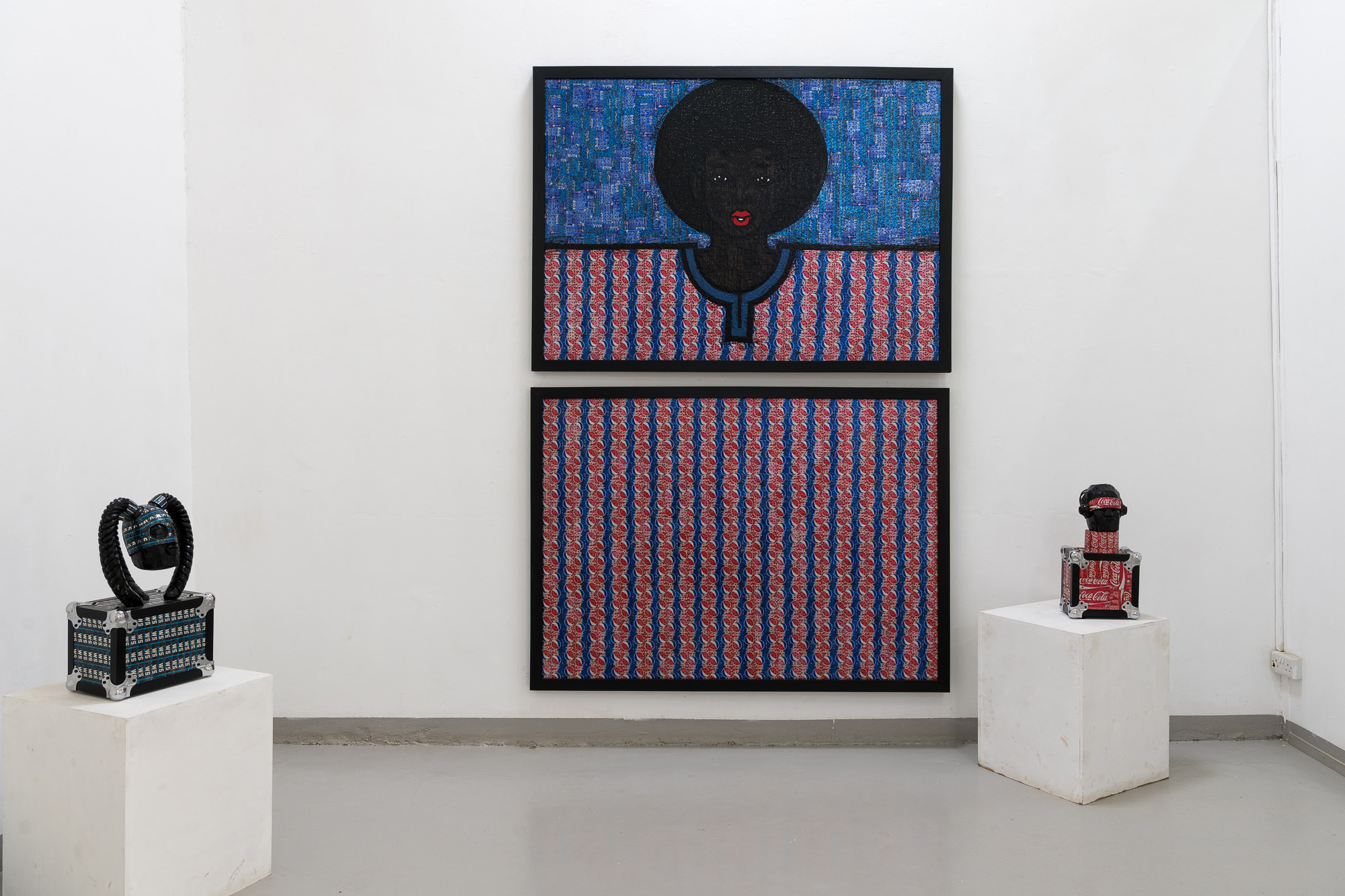 12. Gallery Installation of Framed Paintings and Sculptures The Weganda Review Issue 13 Xenson, Nagawa (Diptych), 2022, enamel paint on recycled beverage cans, 119 x 167 cm each