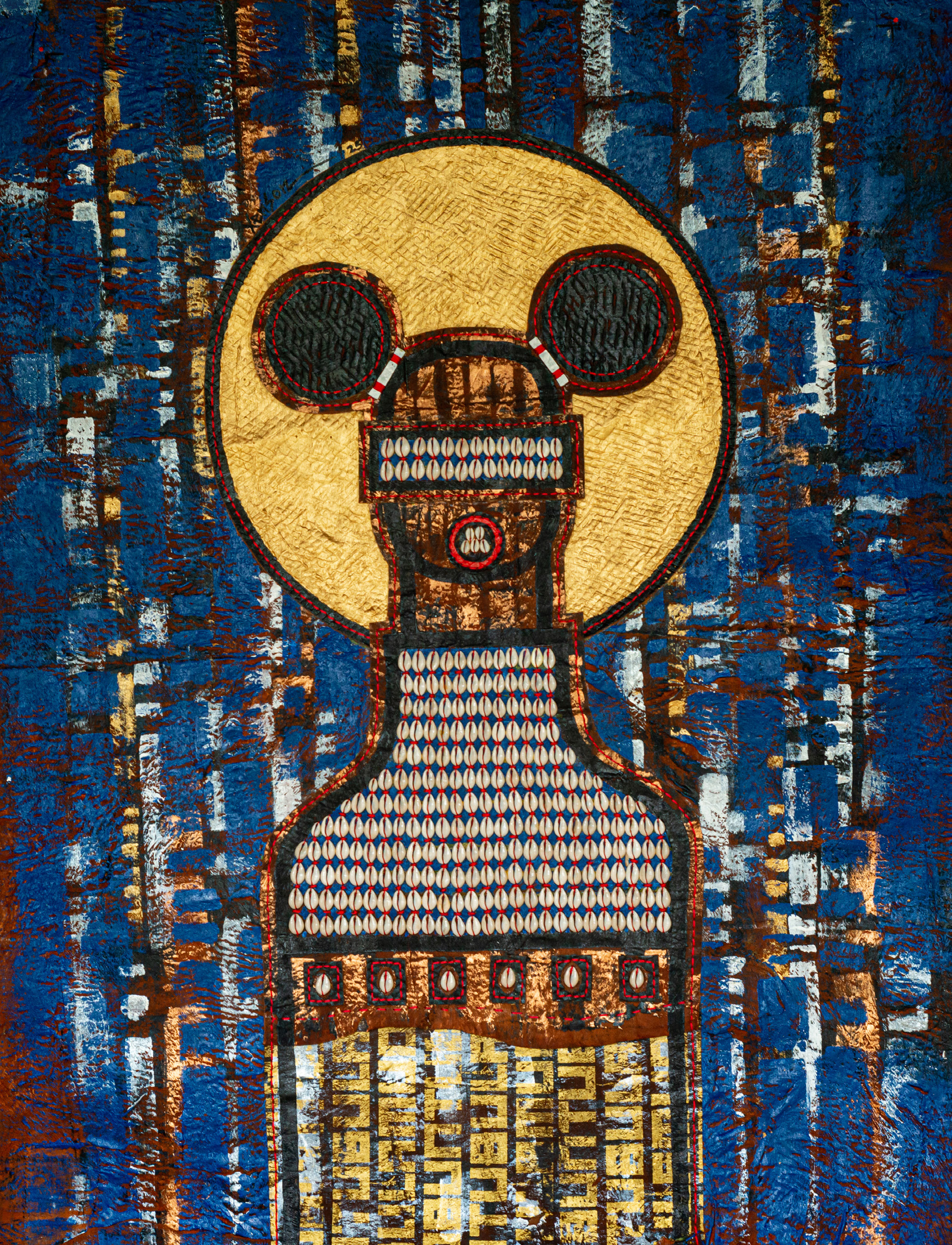18. Painting of a Golden Faced Figure with Mouse Ear Shapes The Weganda Review Issue 13 Xenson, Gwaka Nga Musana, 2025, mixed media, 126 x 93 cm