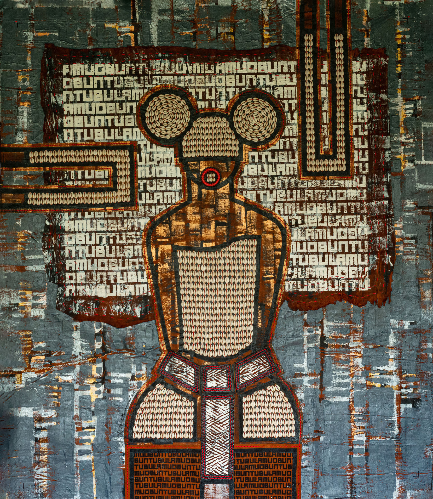 19. Painting of a Figure on an Ubuntu Text Pattern Background The Weganda Review Issue 13 Xenson, Kijujulu, 2025, mixed media, 178 x 153 cm