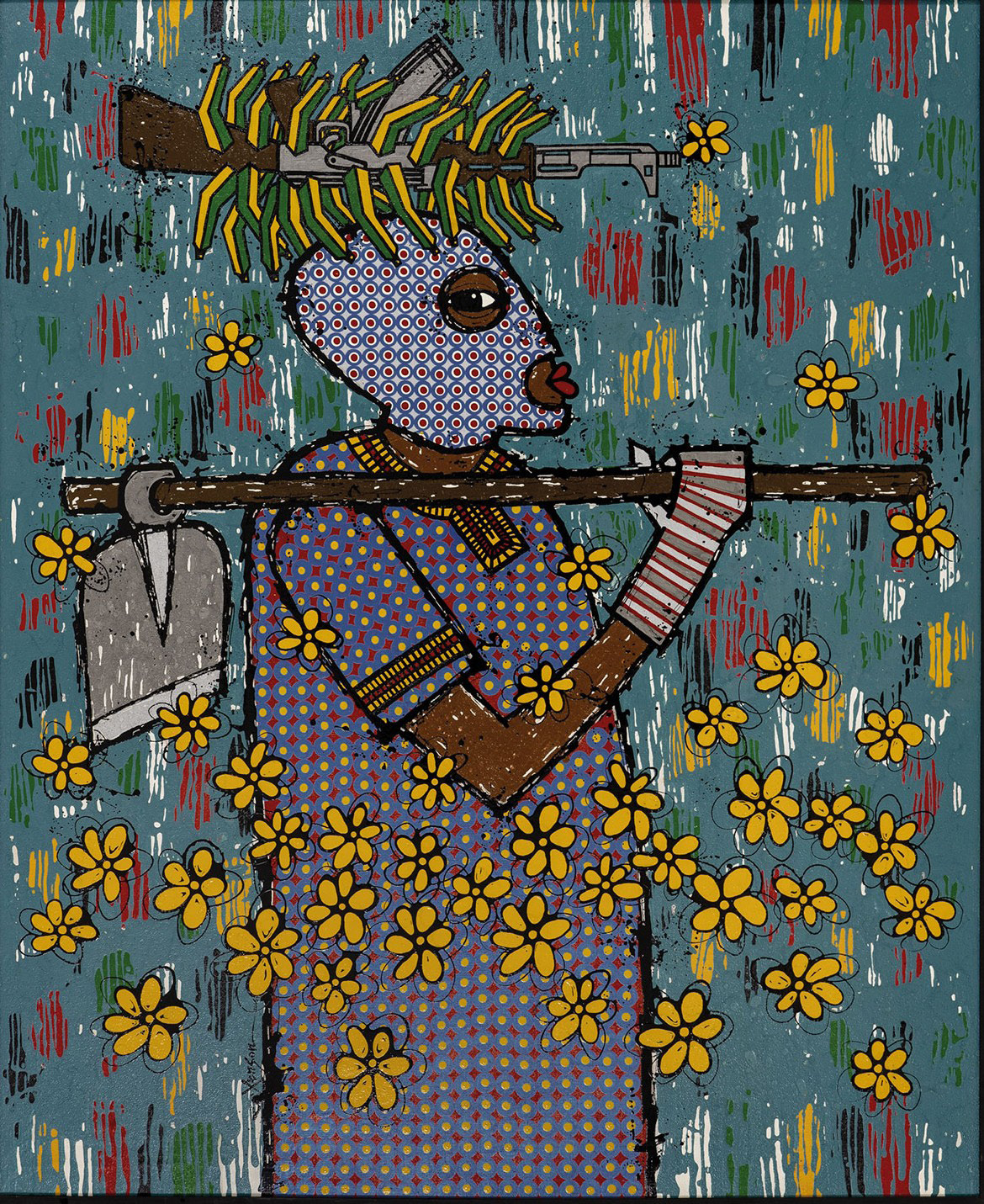 20. Illustration of a Figure Carrying Rifles and an Axe in a Floral Dress The Weganda Review Issue 13 Xenson, Matooke Farmer, 2016, mixed media on canvas, 175 x 145 cm
