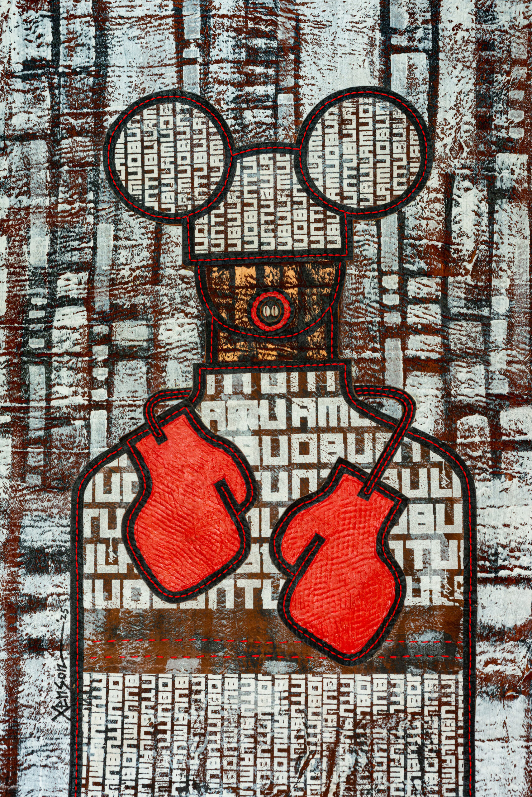 21. Painting of a Bottle Shaped Figure Wearing Boxing Gloves The Weganda Review Issue 13 scaled Xenson, Red Gloves, 2025, mixed media, 106 x 87 cm