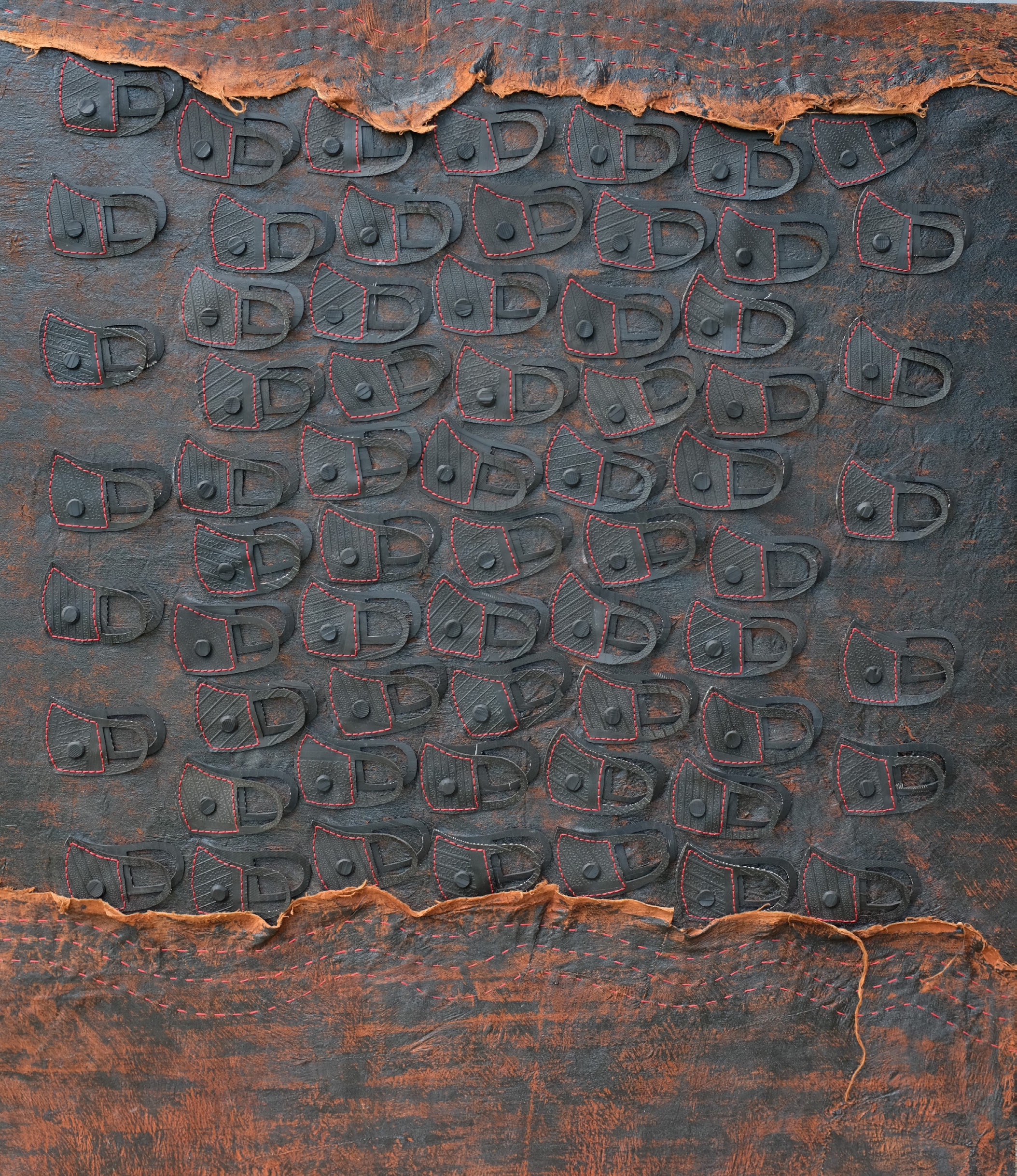 22. Textured Leather Panel with Riveted D Ring Patches The Weganda Review Issue 13 Xenson, Remnant II, 2021, mixed media, 200 x 160 cm