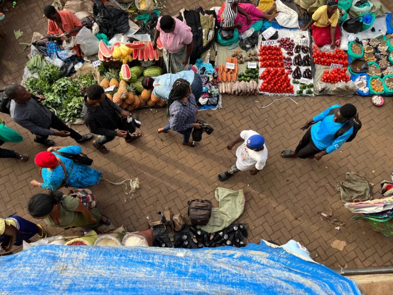 26. Aerial Photo of Owino an Outdoor Market in Kampala Uganda The Weganda Review Issue 13 A bird’s-eye view of a section of Kampala’s Owino Market, where customers can buy anything from vegetables to second-hand underwear.