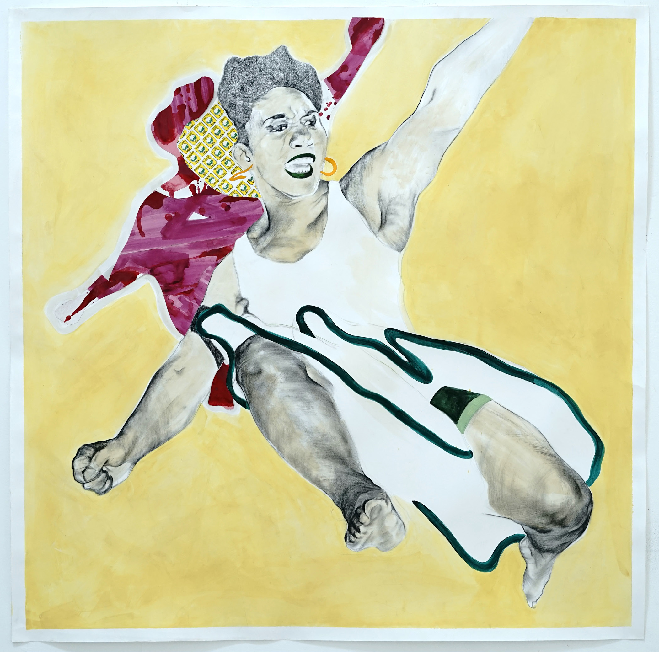 31. Mixed Media Painting of a Figure Leaping in White The Weganda Review Issue 13 Mona Taha, Pearl Primus_ Leap, 2023, mixed media on paper, 121 x 120 cm