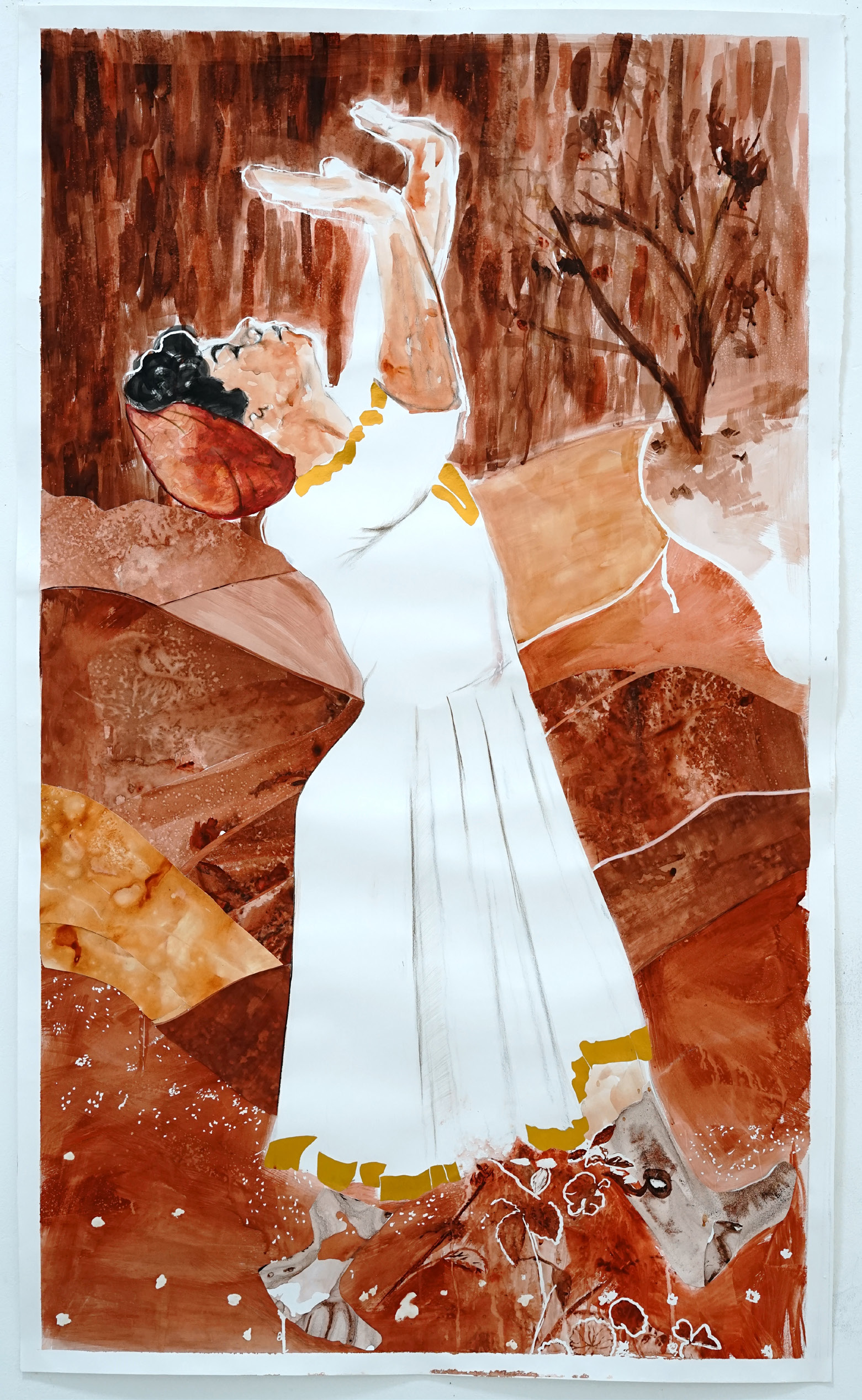 32. Mixed Media Painting of a Woman Reaching Upward The Weganda Review Issue 13 Mona Taha, Pearl Primus_ Strange Fruit, 2023, mixed media on paper, 84 x 145 cm