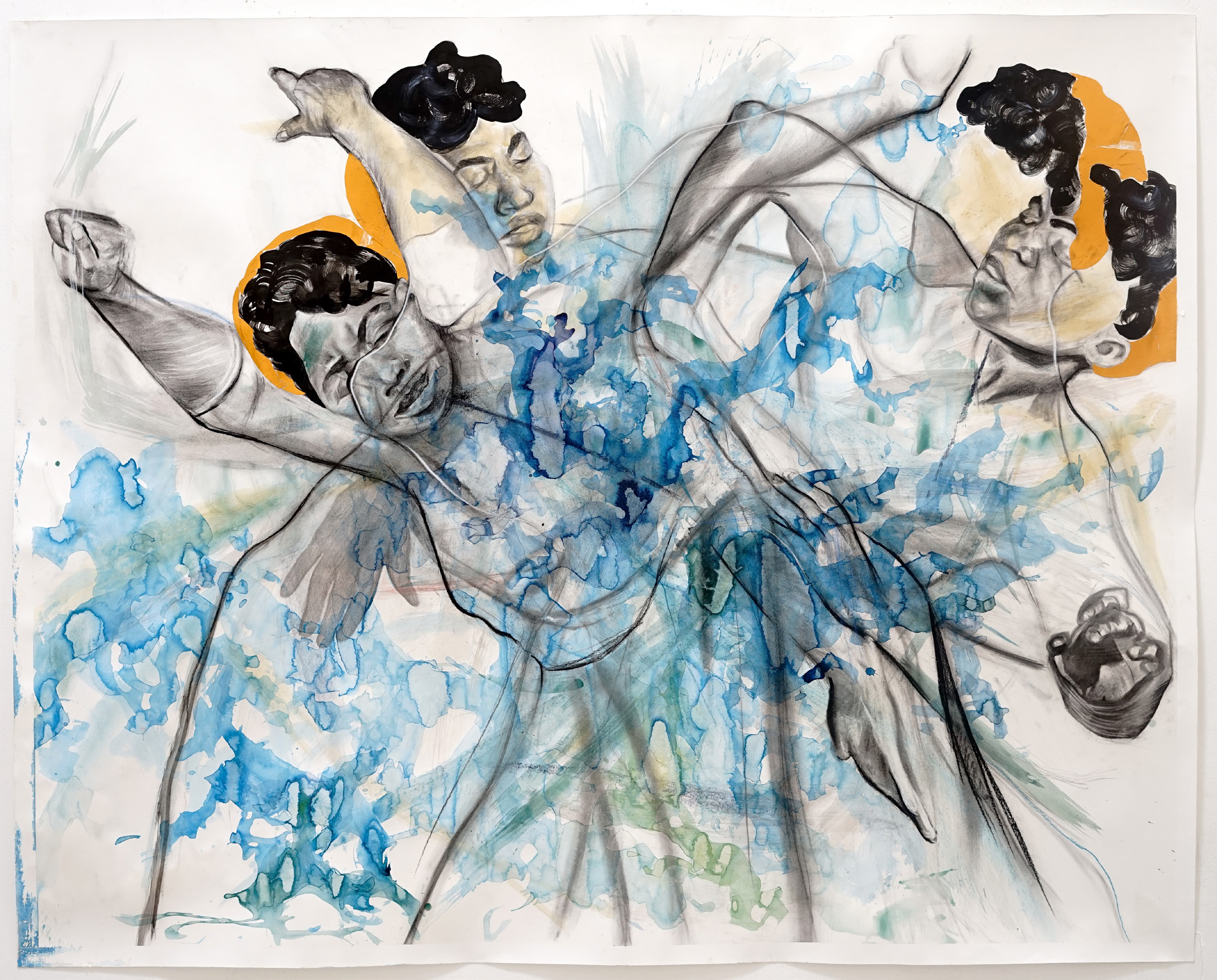 33. Mixed Media Drawing of Three Overlapping Figures The Weganda Review Issue 13 Mona Taha, Pearl Primus_ The Blues, 2023, mixed media on paper, 145 x 115 cm