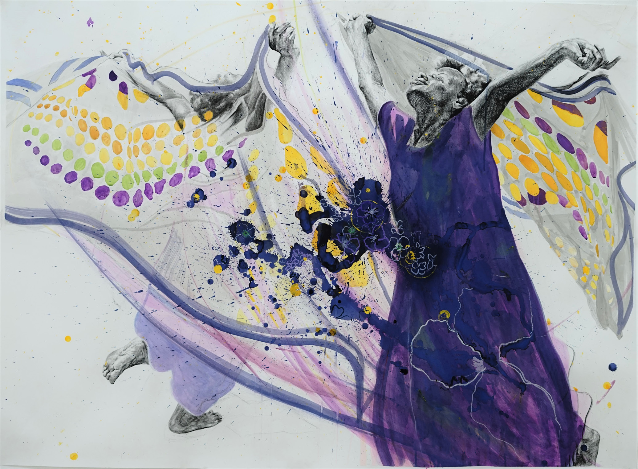 34. Mixed Media Painting of Two Dancers in Flowing Fabric The Weganda Review Issue 13 Mona Taha, Purple Rain, 2023, Graphite, gouache on paper, 110 x 150 cm