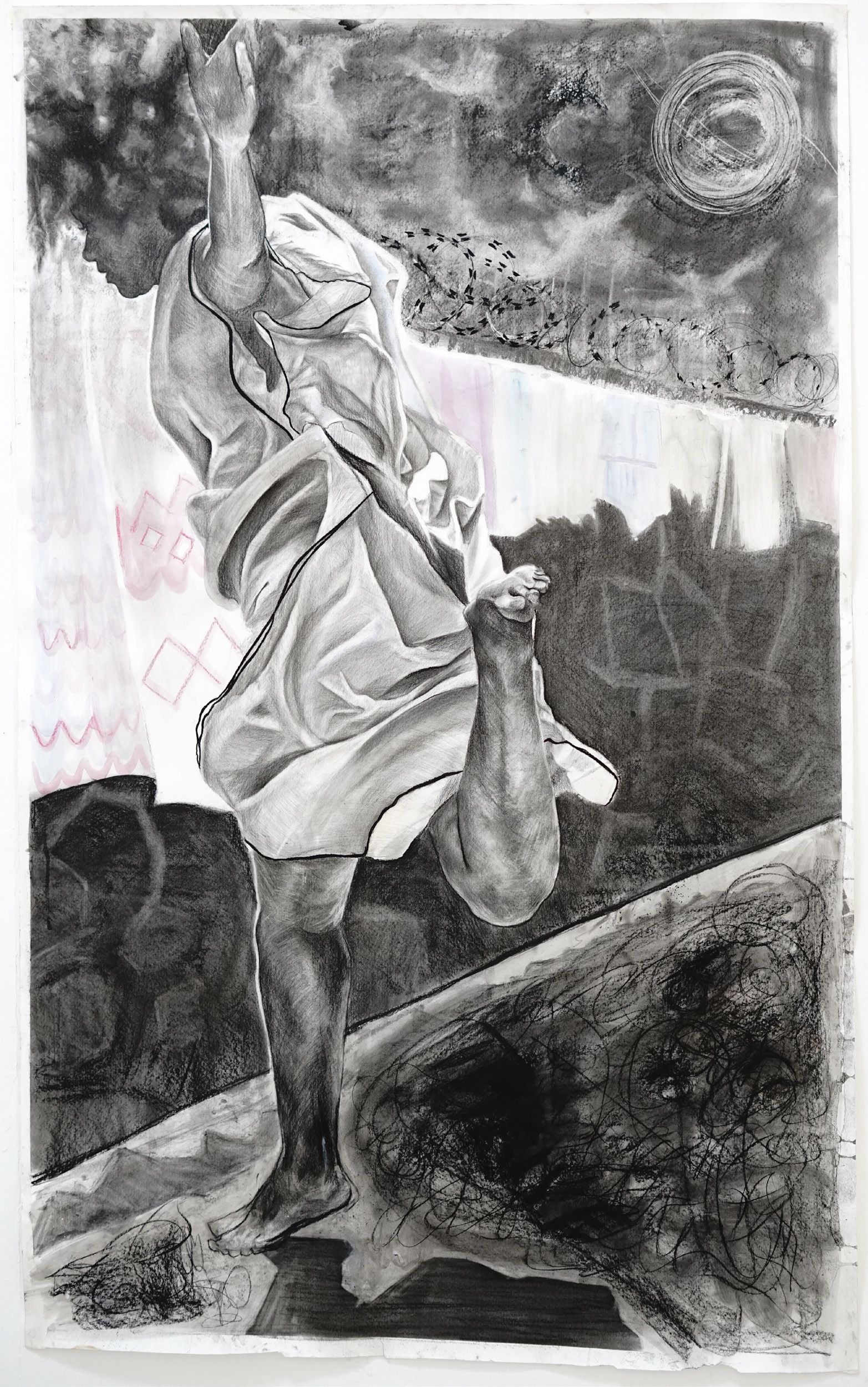 36. Charcoal Drawing of a Figure Leaping Under the Moon The Weganda Review Issue 13 Mona Taha, The Escape, 2022, charcoal, graphite and ink on paper, 160 x 100 cm
