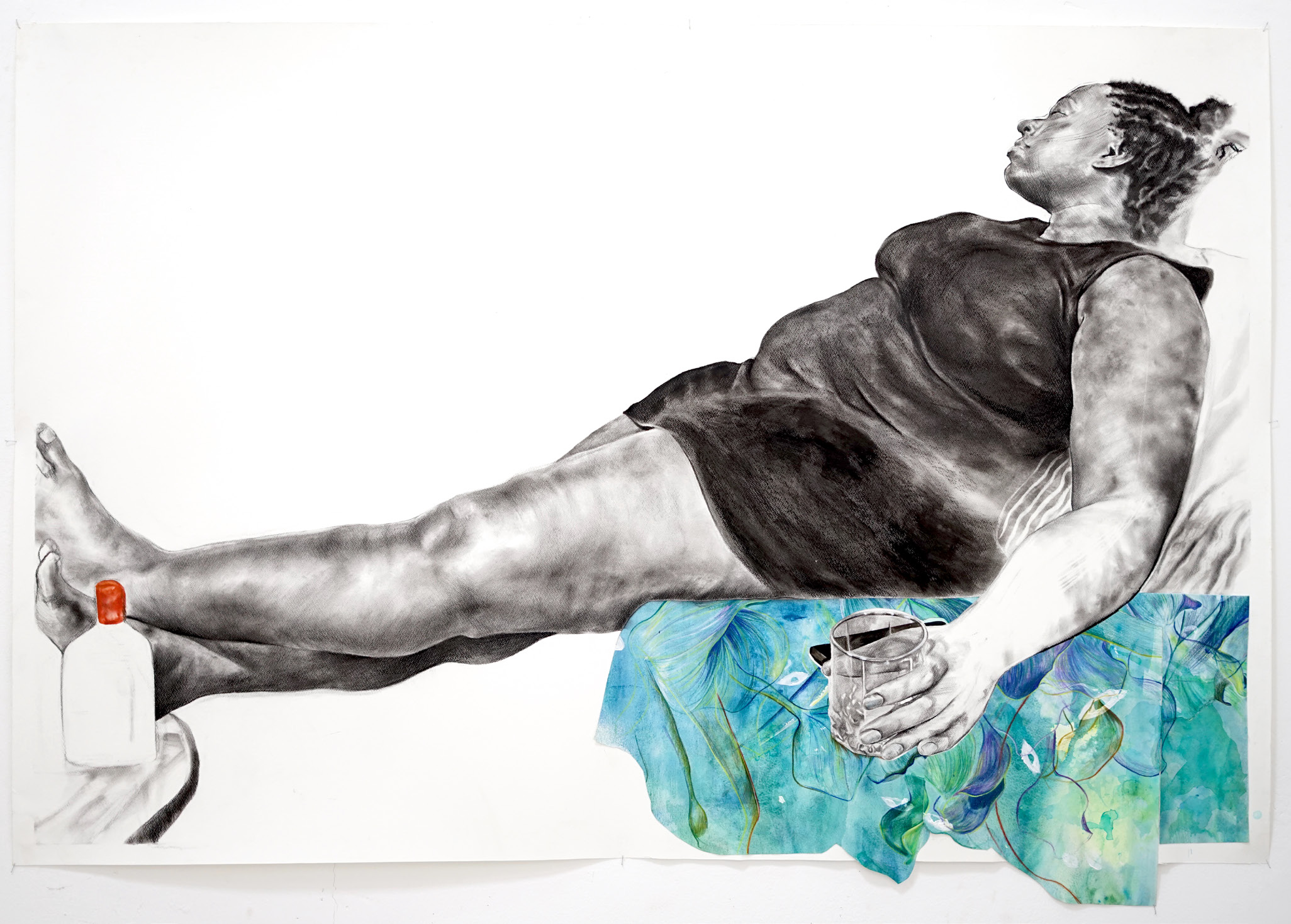 37. Charcoal Portrait of a Reclining Woman The Weganda Review Issue 13 Mona Taha, Tusingwire, 2024, charcoal, graphite, watercolor and cutouts on paper, 100 x 150 cm