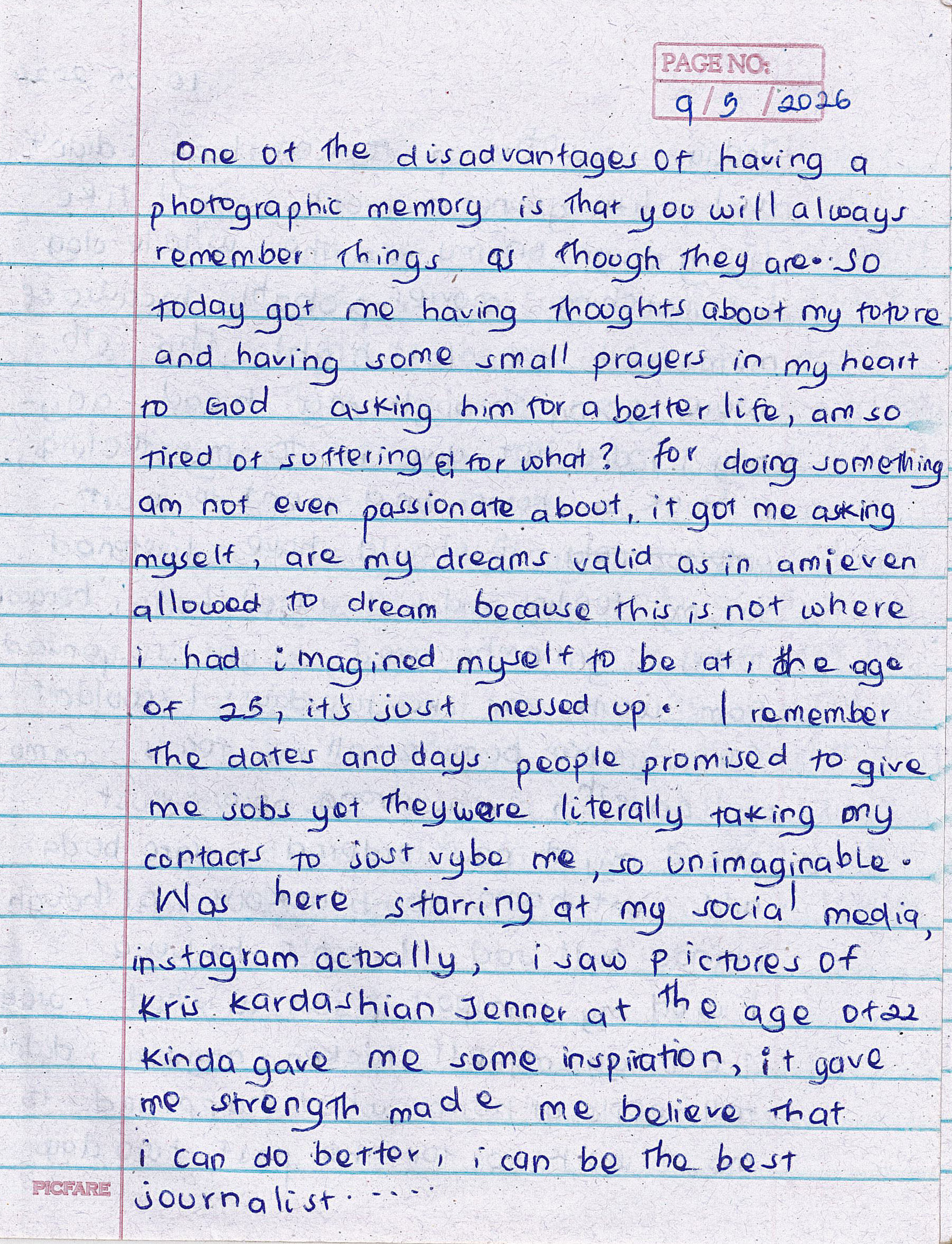 39. Handwritten Diary Page on Photographic Memory The Weganda Review Issue 13